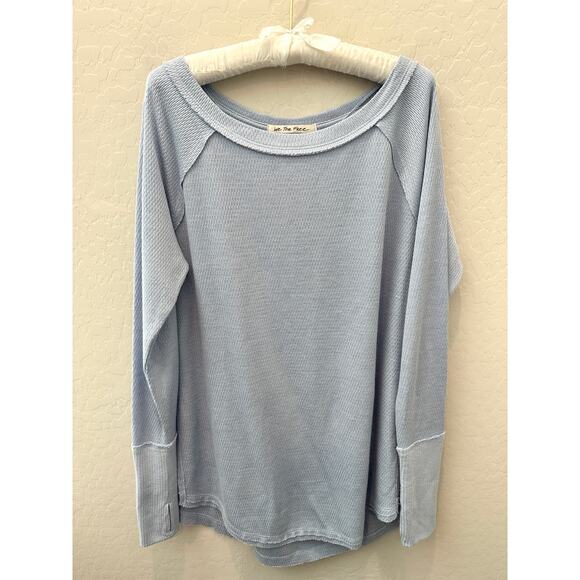 FREE PEOPLE | We The Free Snowy Thermal Blue Waffle Knit Top | Medium - Picture 1 of 7